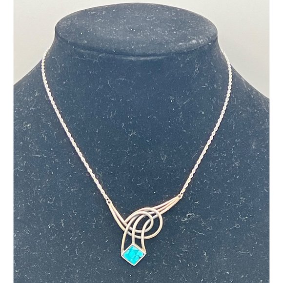 Vintage Sterling and Blue Stone Necklace, 15.5" - Picture 1 of 11